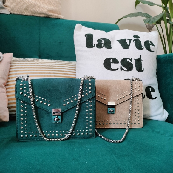 Teal Faux Suede Stud Sling Bag - Picture 12 of 16